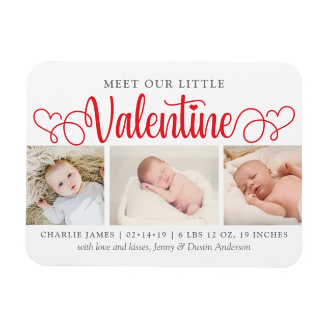 Our Little Valentine 3 Photo Birth Announcement Magnet (Horizontal)