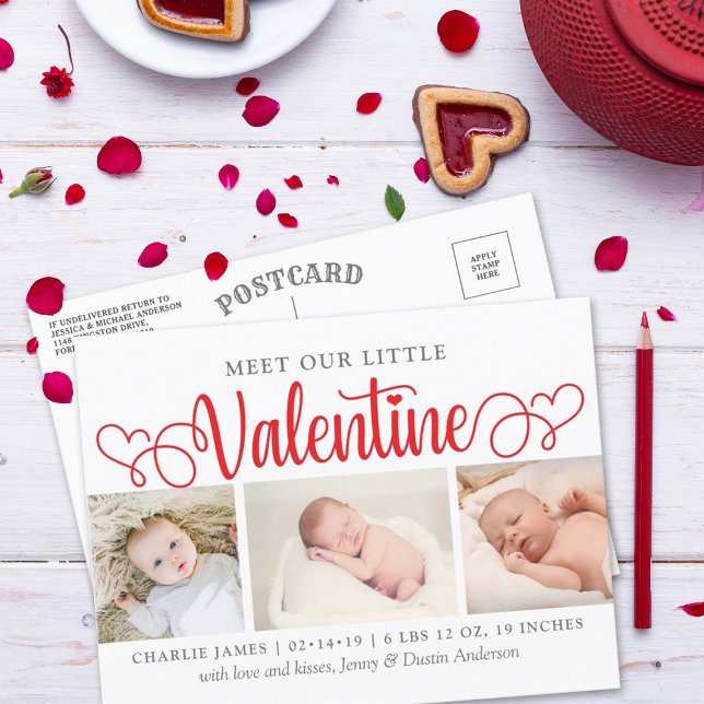 Our Little Valentine 3 Photo Birth Announcement Postcard (Creator Uploaded)