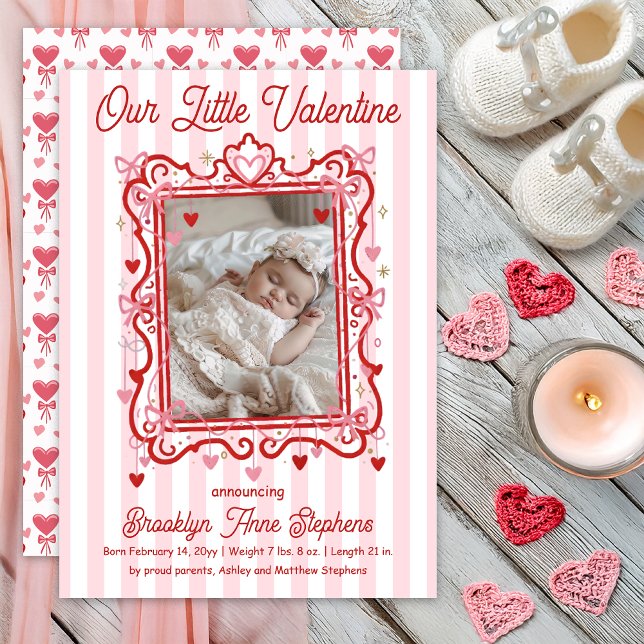 Our Little Valentine Photo Birth Announcement (Our Little Valentine Photo Hearts | Coquette Bows Birth Announcement -- Print | Digital Download)