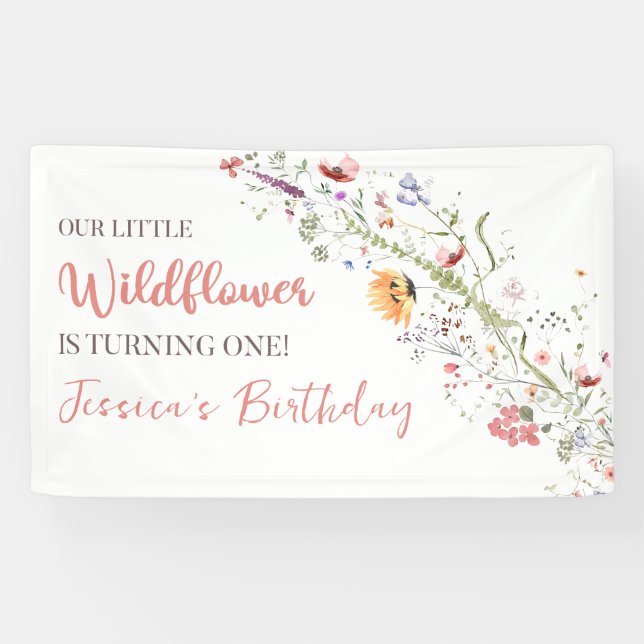 Our Little Wildflower Baby Girl 1st Birthday Party Banner (Horizontal)