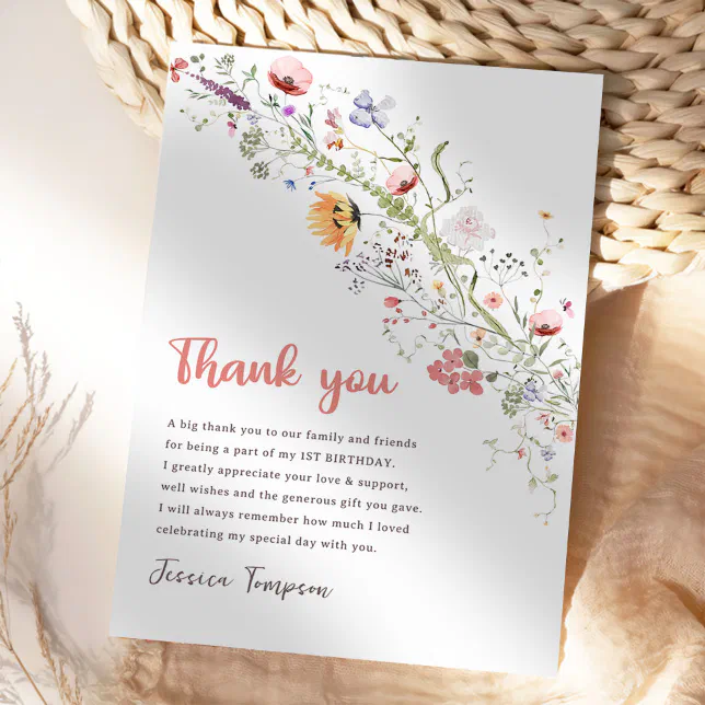 Our Little Wildflower Baby Girl 1st Birthday Party Thank You Card | Zazzle