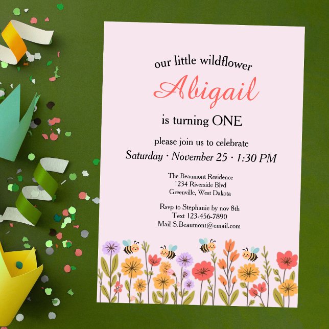Our Little Wildflower Floral Bee 1st Birthday Invitation (Creator Uploaded)
