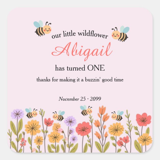 Our Little Wildflower Floral Bee 1st Birthday Square Sticker (Front)
