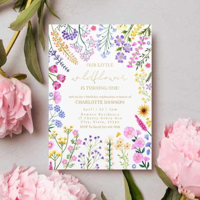 Our Little Wildflower Floral Girl 1st Birthday (Our Little Wildflower Floral First Girl Birthday Foil Invitation)