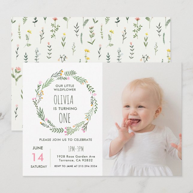 Our Little Wildflower Is Turning One 1st Birthday Invitation (Front/Back)