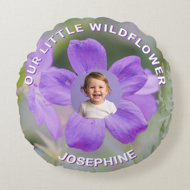 Our Little Wildflower Lilac Geranium Custom Photo Round Cushion (Front)