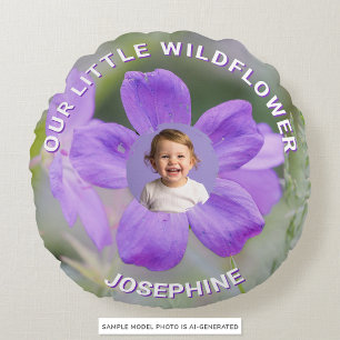 Our Little Wildflower Lilac Geranium Custom Photo Round Cushion
