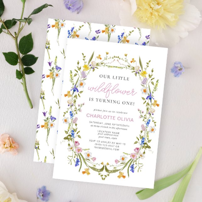 Our Little Wildflower Pink Watercolor 1st Birthday Invitation (1st Birthday Invitation)