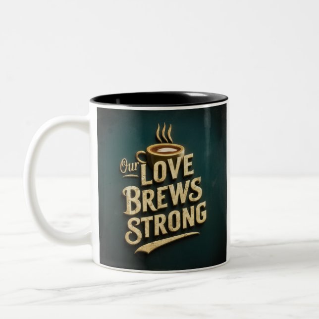 "Our Love Brews Strong" Two-Tone Coffee Mug (Left)