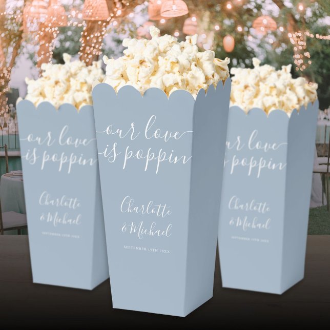 Our Love Is Poppin Dusty Blue Wedding Popcorn Favour Box (Our Love Is Poppin Dusty Blue Wedding Popcorn Favor Boxes)