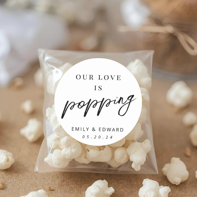 Our Love is Popping Popcorn Wedding Favour Classic Round Sticker (Creator Uploaded)