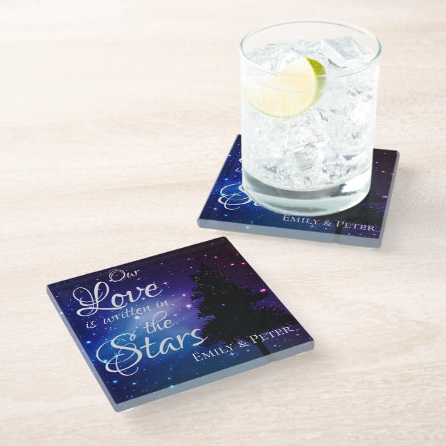 Our love is written in The Stars Night sky Name Glass Coaster (Angled)