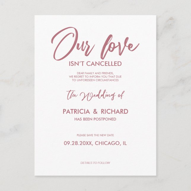Our Love Isn’t Cancelled Wedding Postponement Postcard (Front)