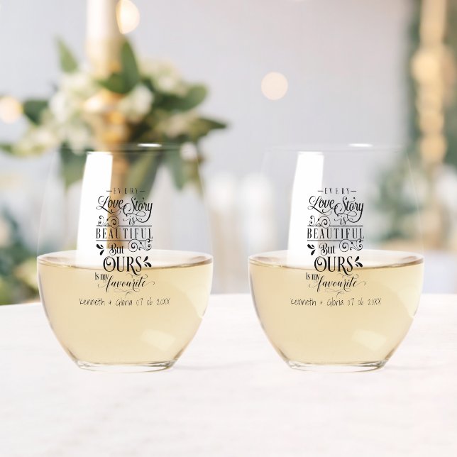 Our Love Story Custom Stemless Wine Glasses (Insitu (Wedding))