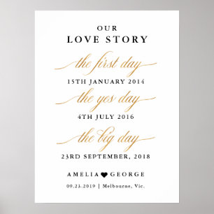 Our love story gold faux wedding date sign