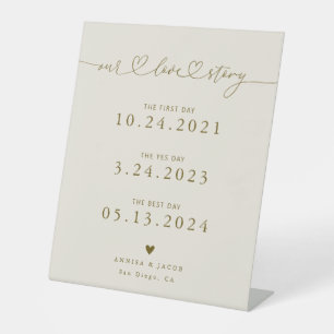 Our Love Story Hearts Beige Wedding Timeline Pedestal Sign