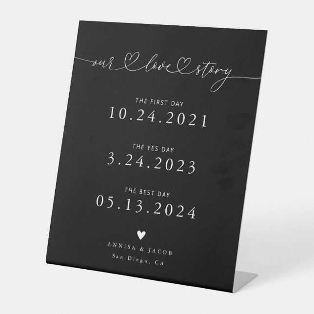 Our Love Story Hearts Black Wedding Timeline Pedestal Sign (Front)
