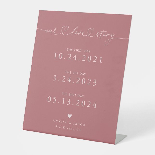 Our Love Story Hearts Pink Wedding Timeline Pedestal Sign (Front)