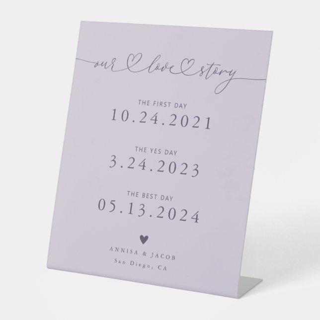 Our Love Story Hearts Purple Wedding Timeline Pedestal Sign (Front)