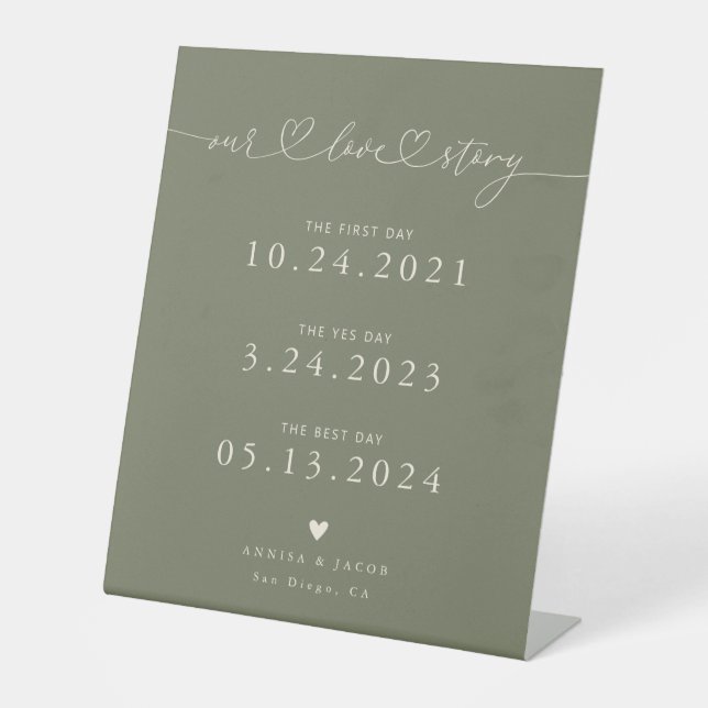 Our Love Story Hearts Sage Green Wedding Timeline Pedestal Sign (Front)