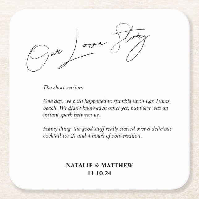 Our Love Story Wedding Napkins Square Paper Coaster (Front)