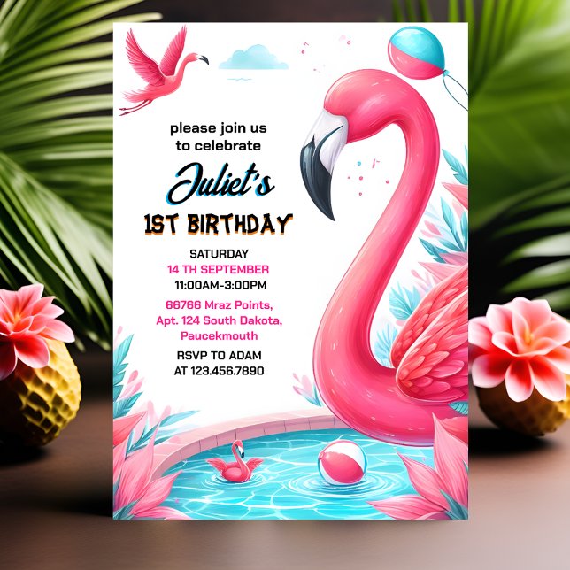 Our Luau Fly Pink Flamingo Pool Party 1st birthday Invitation (Creator Uploaded)