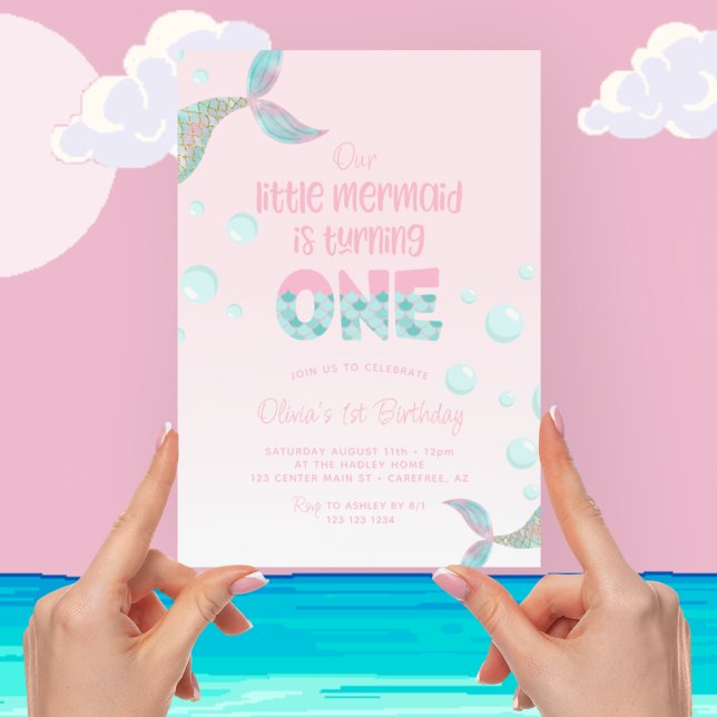 Our Mermaid Is One Pink 1st Birthday Invitation (Creator Uploaded)