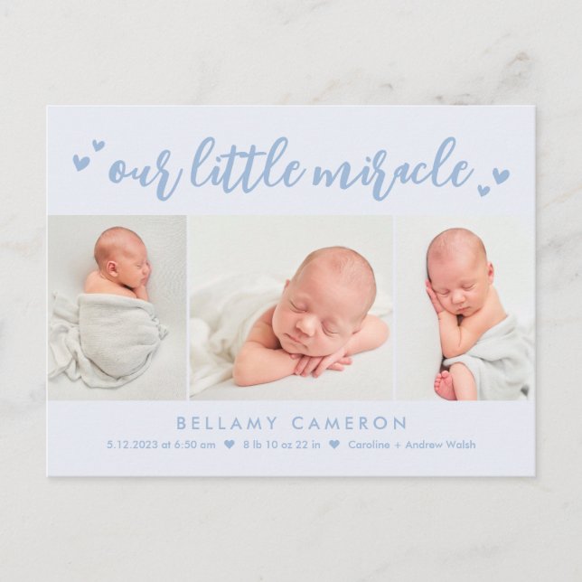 Our Miracle Editable Colour Baby Birth Announcemen Postcard (Front)