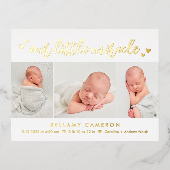 Our Miracle Foil Baby Birth Announcement Postcard (Front)