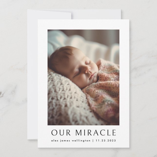 Our Miracle Modern Photo Baby Birth Announcement (Front)