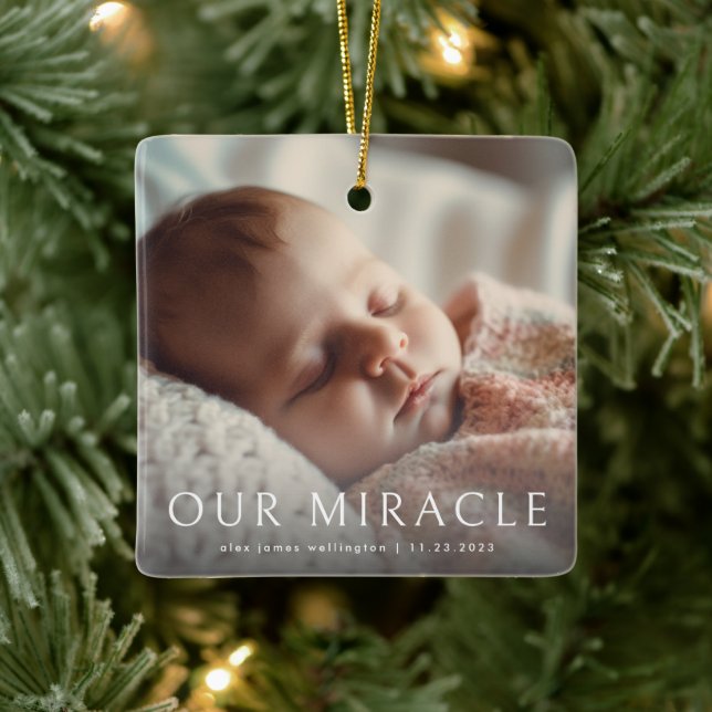 Our Miracle Modern Photo Baby Birth Announcement Ceramic Ornament (Tree)