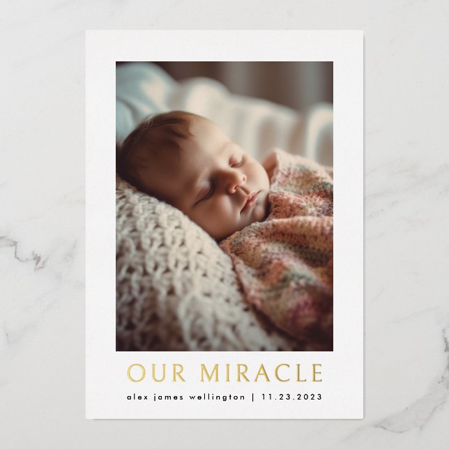 Our Miracle Modern Photo Baby Birth Foil Holiday Card (Front)