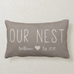 Our Nest Name Est. Rustic Linen Personalised Lumbar Cushion<br><div class="desc">Simple and cute, this Our Nest Name Est. Rustic Linen Personalised lumber throw pillow is the perfect accent pillow for the country home. The background is a dove grey digital linen embellished with the words "Our Nest" in a cute, modern hand lettered typography. Personalise with the family name and year...</div>