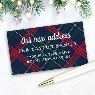 Our New Address Card Navy Red Tartan Plaid
