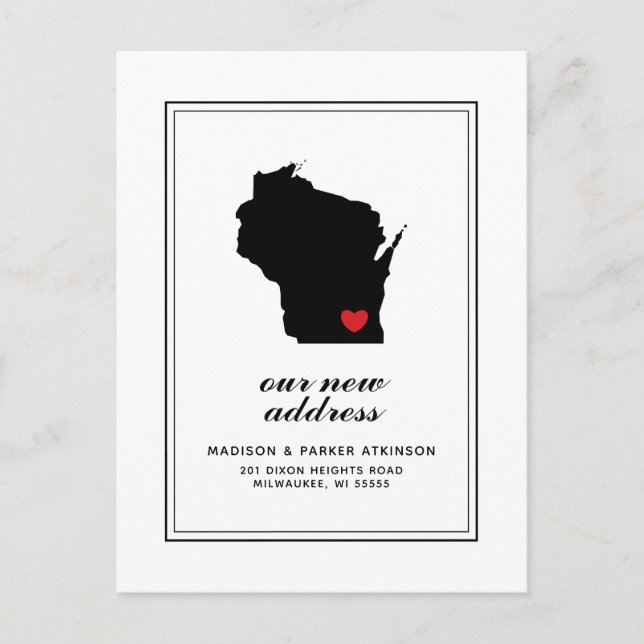 Our New Address in WI | Mark Your City W/Heart Postcard (Front)