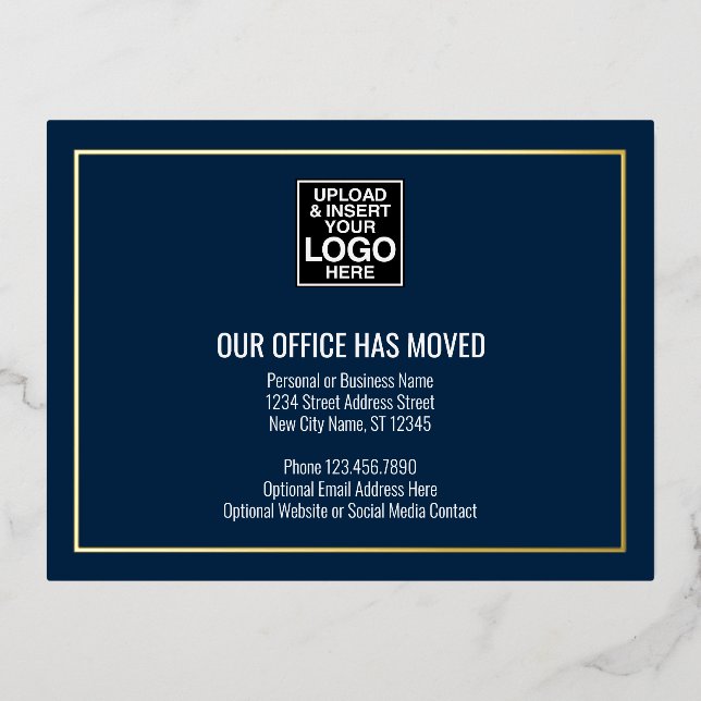 Our New Address Information - Navy - Business Logo Foil Invitation Postcard (Front)