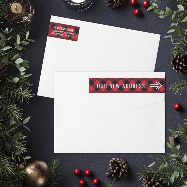 Our New Address Red Buffalo Plaid Holiday Wrap Around Label (Creator Uploaded)