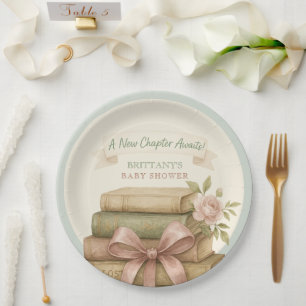 Our New Chapter Awaits Pink Bow Baby Shower Paper Plate