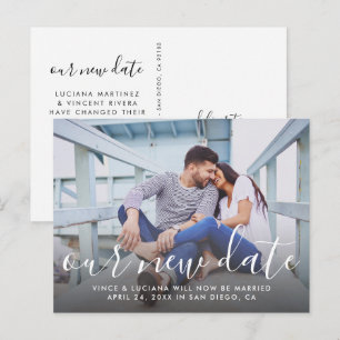 Our New Date Handwritten Script Wedding Photo Announcement Postcard