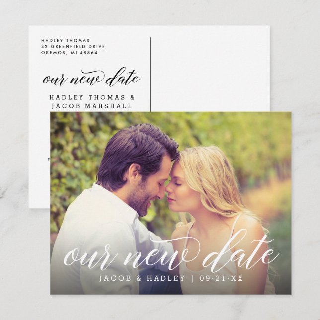 Our New Date Modern Calligraphy Wedding Photo Announcement Postcard (Front/Back)