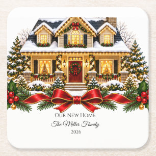 Our New Home Christmas House with Family Name and Square Paper Coaster