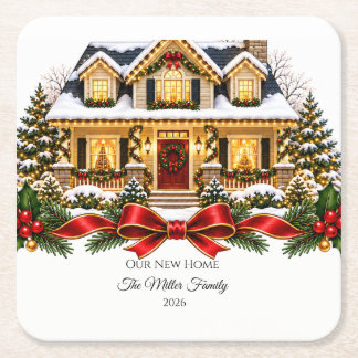 Our New Home Christmas House with Family Name and Square Paper Coaster