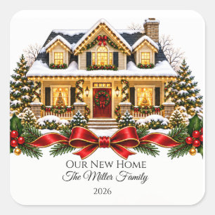 Our New Home Christmas House with Family Name and Square Sticker