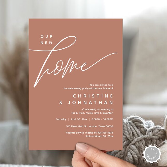 Our New Home, Cosy Lovely Housewarming Party Invitation (Our New Home, Cozy Lovely Housewarming Party Invitation Card, PDF, Portrait, Terracotta Earthy Brown)