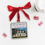Our New Home Elegant Custom Photo Metal Tree Decoration<br><div class="desc">This elegant "Our New Home" keepsake ornament for new homeowners features a photo of the home with custom text that can be personalised with the year, your family name, and street address.The red and black text and the light silver / grey background can be customised. Makes a wonderful housewarming gift!...</div>