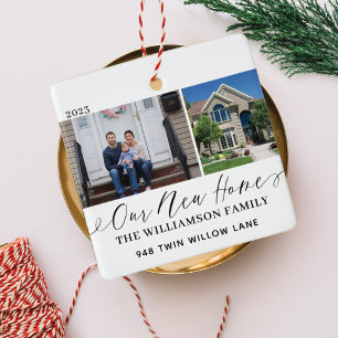 Our New Home Elegant Script Minimal Two Photo Ceramic Ornament