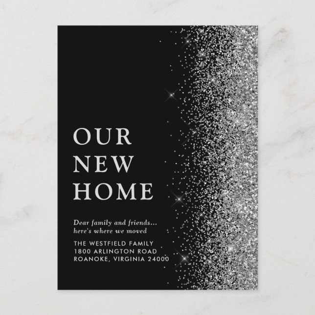 Our New Home Elegant Silver Glitter Black Moving Announcement Postcard (Front)