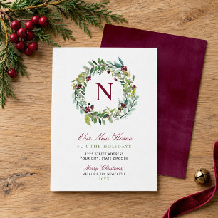 Our New Home Holiday Wreath Monogram Burgundy Card