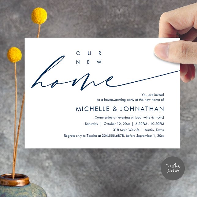 Our New Home, Housewarming Party Celebration Invitation (Our New Home, Housewarming Party Celebration Card, PDF, Modern Minimalist Script, in Navy Blue)