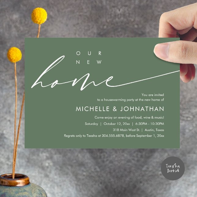Our New Home, Housewarming Party Celebration Invitation (Our New Home, Housewarming Party Celebration Card, PDF, Modern Minimalist Script, in Sage Green)
